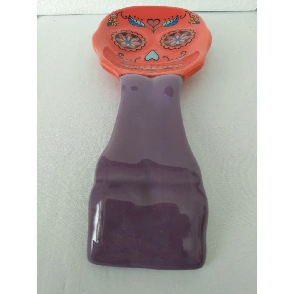 Sugar Skull Spoon Rest Halloween Decor Red & Purple Dia de Los Muertos Kitchen